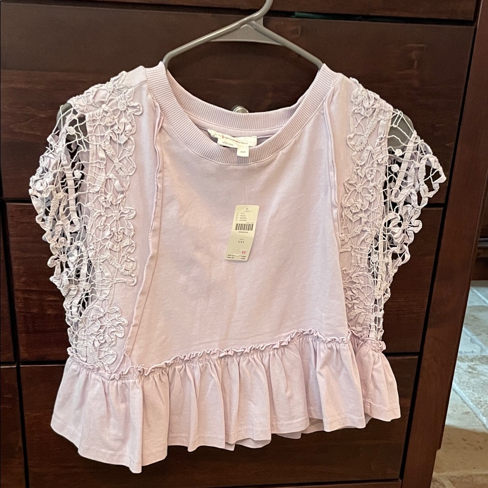 Lilac Crochet Sleeve Ruffle Tee by Anthroplogie